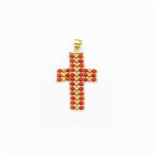 Pendente Croce in oro giallo 14kt e corallo