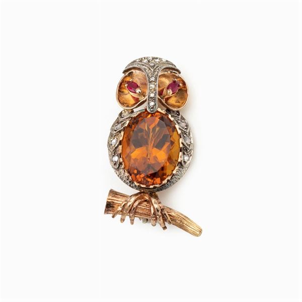 14kt rose gold and silver Owl brooch
