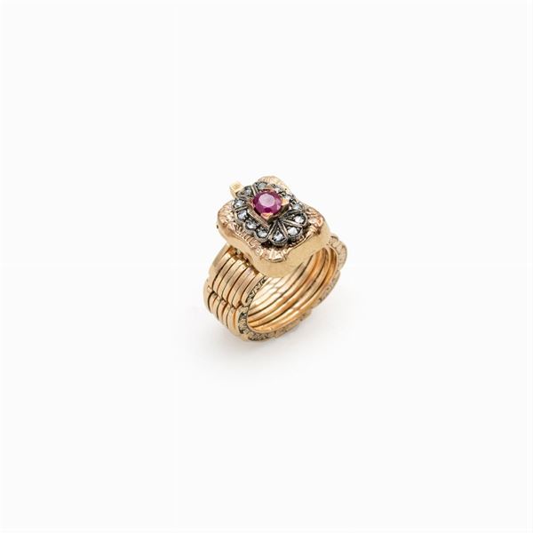 14kt yellow gold and silver bracelet ring with ruby