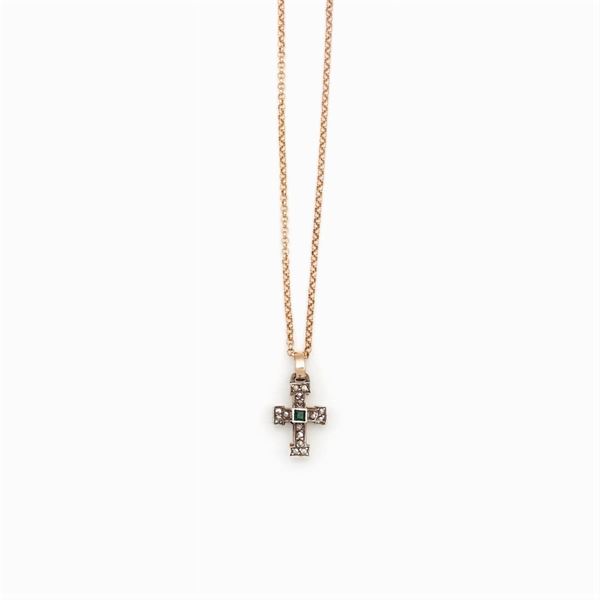 Pendente croce in oro rosa 14kt e argento