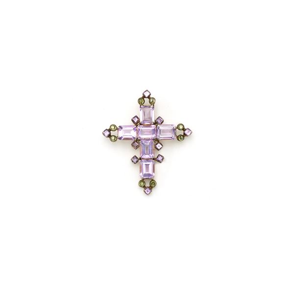 Antique cross pendant in gilt silver and kunzite