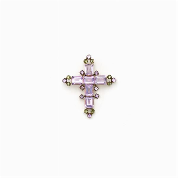 Antico pendente croce in argento dorato e kunzite