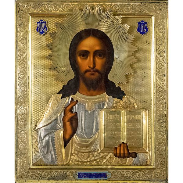 Icon depicting blessing Christ  (Moscow, 19th century)  - Auction Old Master Paintings, Furniture, Sculpture and Works of Art - Colasanti Casa d'Aste