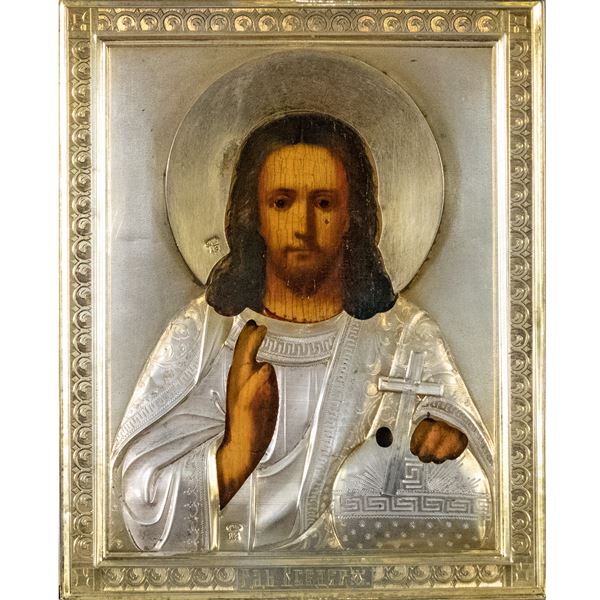 Icon depicting blessing Christ  (Moscow, 19th century)  - Auction Old Master Paintings, Furniture, Sculpture and Works of Art - Colasanti Casa d'Aste