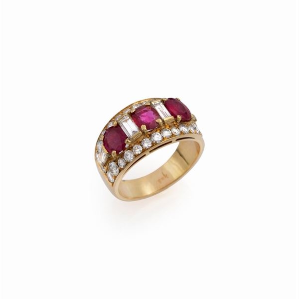 Anello a fascia in oro giallo 18kt rubini e diamanti