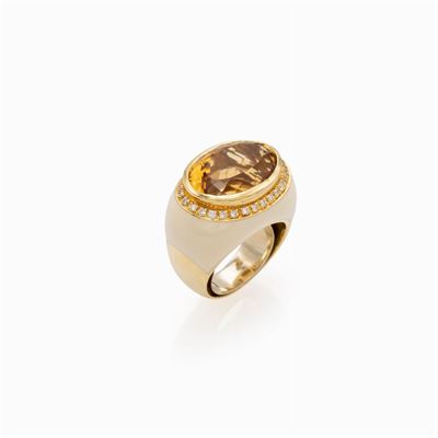 Anello in Oro Giallo 18kt e Smalto con Quarzo Citrino