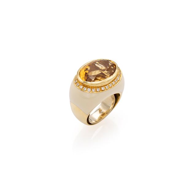 18kt yellow gold and enamel with citrine quartz ring