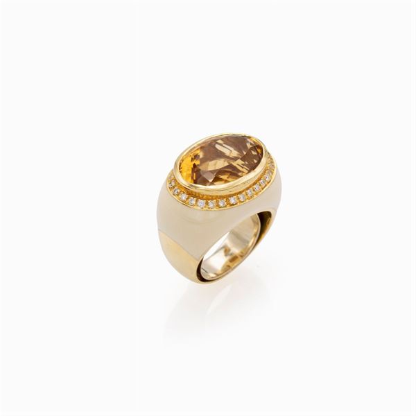 Anello in oro giallo 18kt e smalto con quarzo citrino