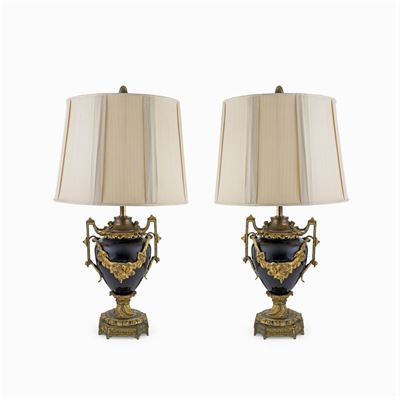Coppie di Lampade in Metallo Dorato e Porcellana Blu Cobalto