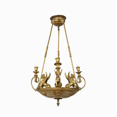 Lampadario Stile Impero in Bronzo Dorato