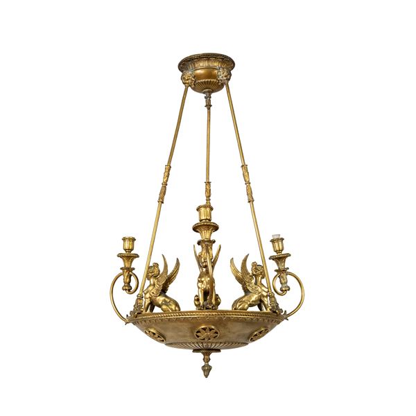 Lampadario stile impero in bronzo dorato  (Francia XIX Sec.)  - Asta Dipinti Antichi, Arredi, Sculture e Oggetti d'Arte - Colasanti Casa d'Aste