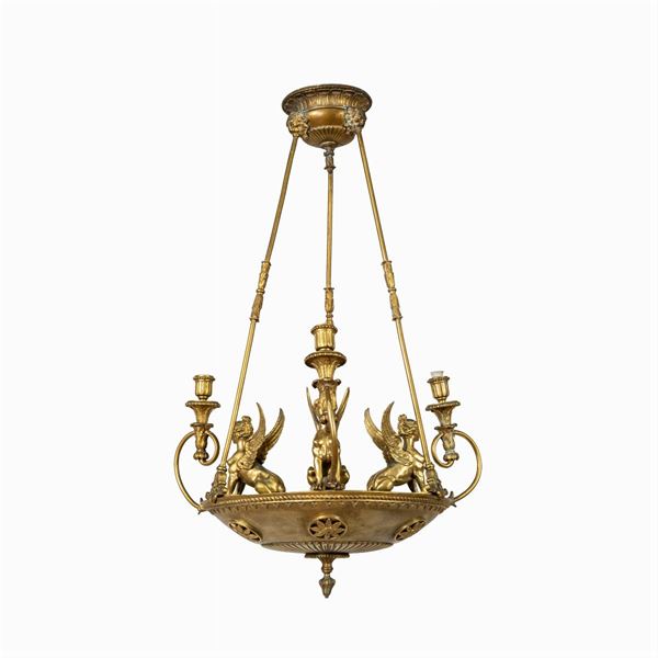 Lampadario stile impero in bronzo dorato