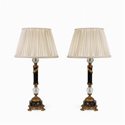 Coppia di Lampade da Tavolo in Metallo Dorato e Marmo