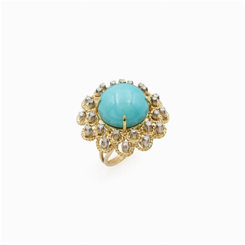 Anello in Oro Giallo 18kt Turchese Naturale e Diamanti
