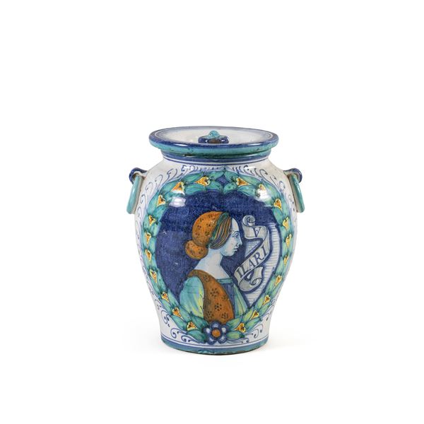 Vaso da farmacia in maiolica policroma