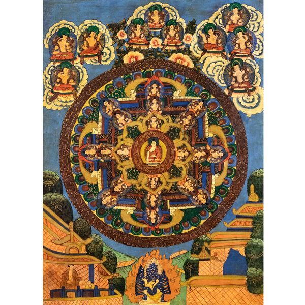 Thangka con mandala centrale su fondo azzurro  (Tibet-Nepal, XIX-XX Sec.)  - Asta Dipinti Antichi, Arredi, Sculture e Oggetti d'Arte - Colasanti Casa d'Aste