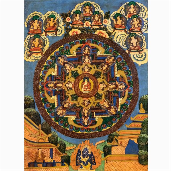 Thangka con mandala centrale su fondo azzurro