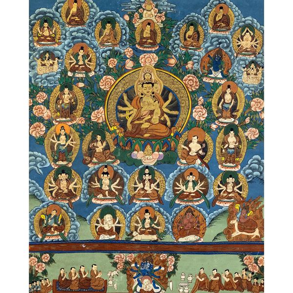 Thangka su fondo azzurro  (Tibet-Nepal, XIX-XX Sec.)  - Asta Dipinti Antichi, Arredi, Sculture e Oggetti d'Arte - Colasanti Casa d'Aste