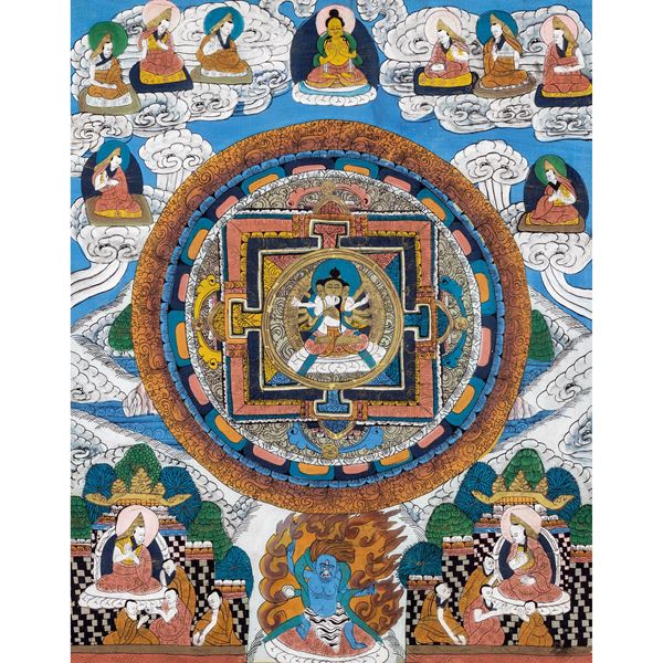 Thangka con mandala centrale su fondo azzurro  (Tibet-Nepal, XIX-XX Sec.)  - Asta Dipinti Antichi, Arredi, Sculture e Oggetti d'Arte - Colasanti Casa d'Aste