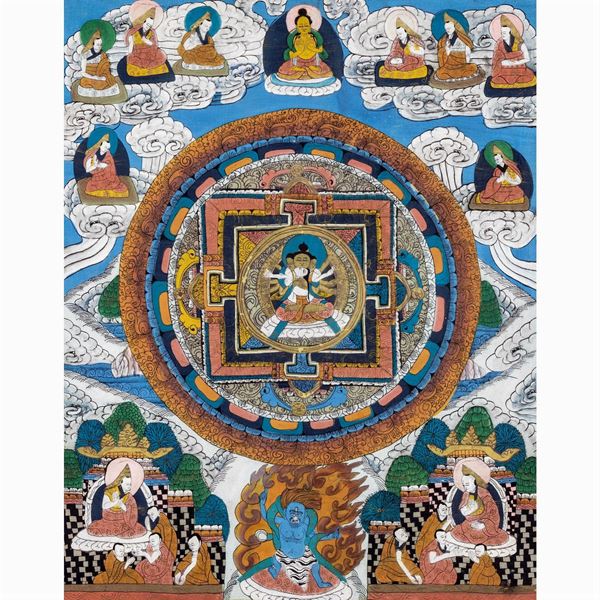 Thangka con mandala centrale su fondo azzurro