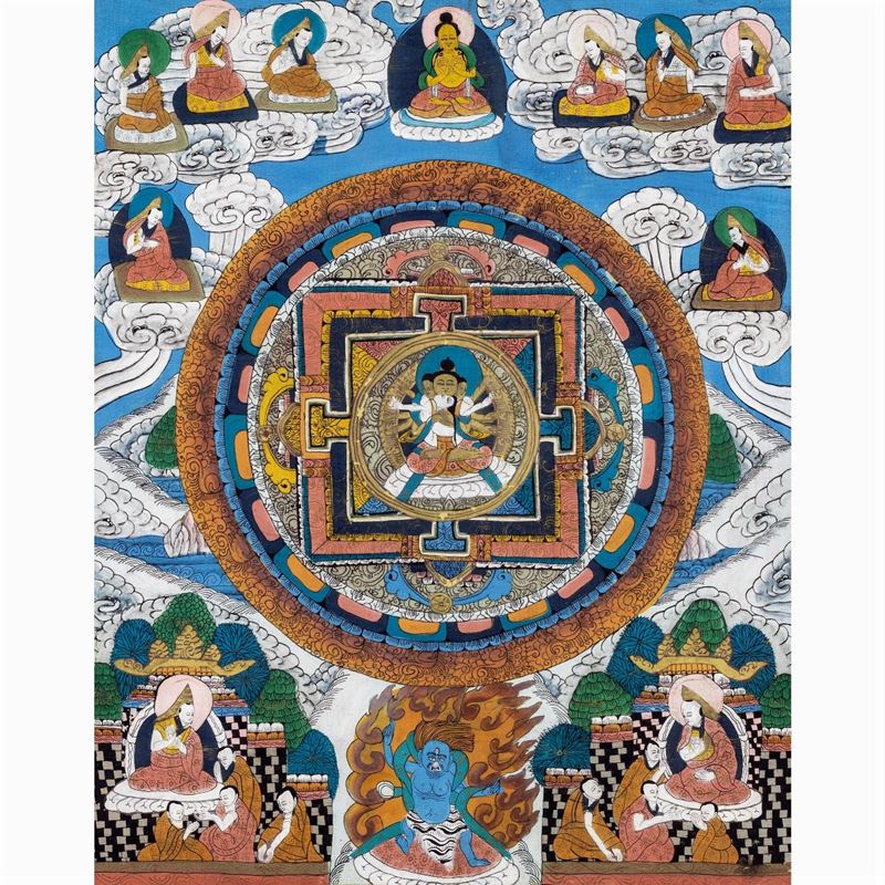 Thangka con Mandala Centrale su Fondo Azzurro