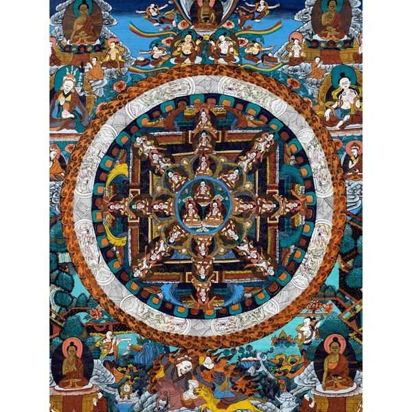 Thangka with central mandala on light blue background  (Tibet-Nepal, 19th-early 20th century)  - Auction Old Master Paintings, Furniture, Sculpture and Works of Art - Colasanti Casa d'Aste