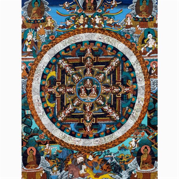 Thangka con mandala centrale su fondo azzurro