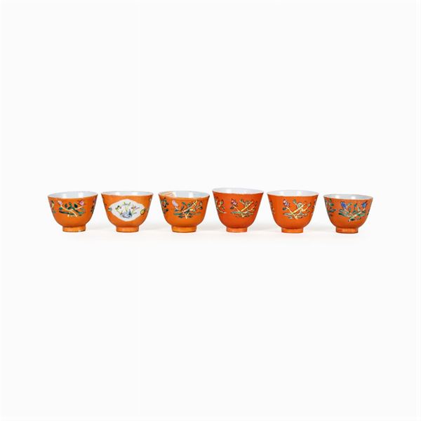 Set of six glasses in polychrome porcelain