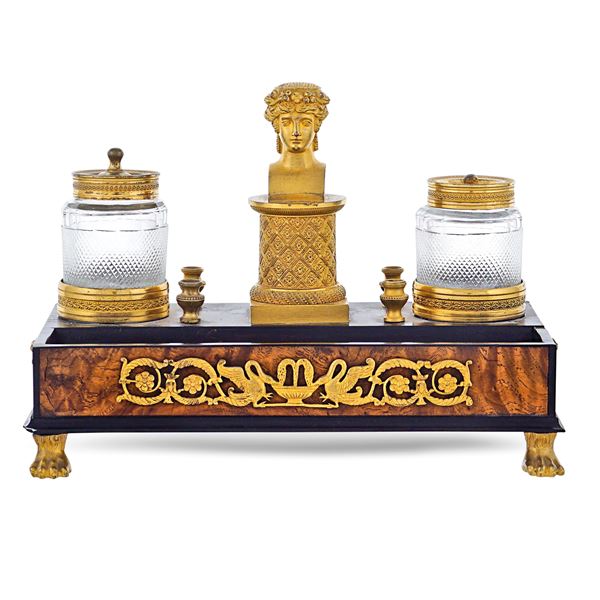 Inkwell in briar wood, ebonized wood and gilded bronze  (France, 19th century)  - Auction Old Master Paintings, Furniture, Sculpture and Works of Art - Colasanti Casa d'Aste