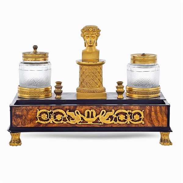 Inkwell in briar wood, ebonized wood and gilded bronze
