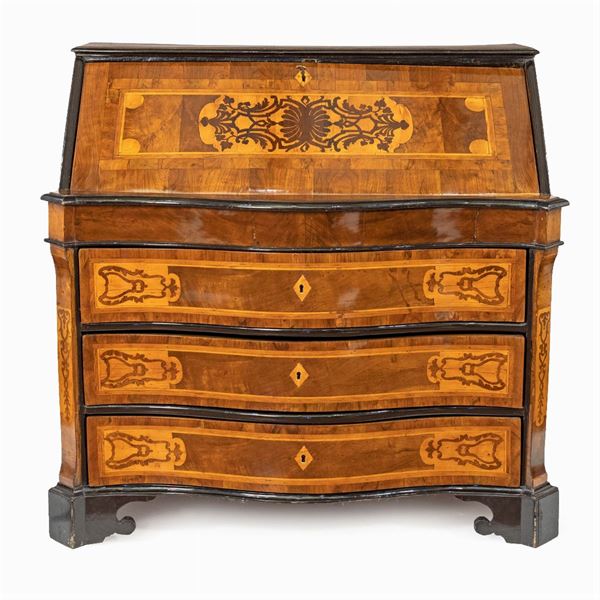 Veneered and threaded flap chest of drawers in walnut and various woods