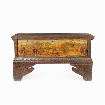 Cassapanca in Legno Intagliato e Dipinto