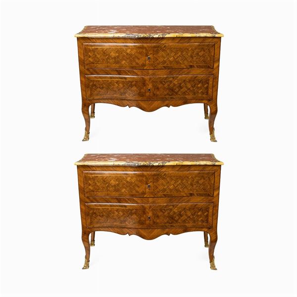 Pair of chests of drawers in various woods