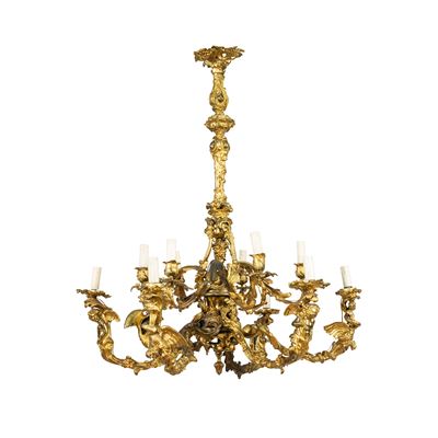 Lampadario a Dodici Luci in Bronzo Dorato