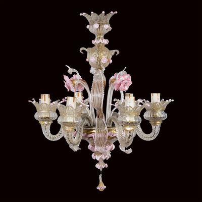 Lampadario a Sei Luci in Vetro e Oro