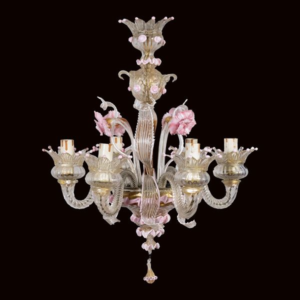 Glass and gold Six lights chandelier  (Murano, 20th century)  - Auction Old Master Paintings, Furniture, Sculpture and Works of Art - Colasanti Casa d'Aste