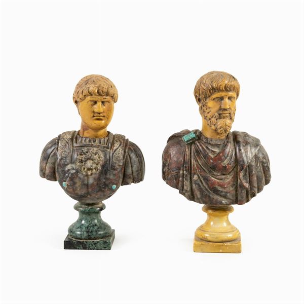 Coppia di piccoli busti in marmi policromi  (XX Sec.)  - Asta Dipinti Antichi, Arredi, Sculture e Oggetti d'Arte - Colasanti Casa d'Aste