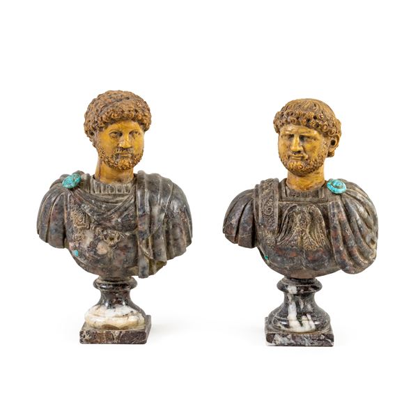 Pair of small  polychrome marble busts