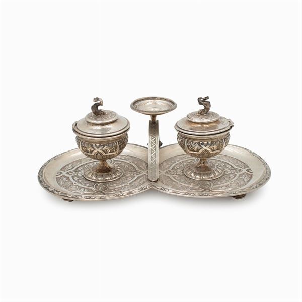 Silver inkwell with two ampoules