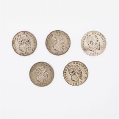 5 Lire Vittorio Emanuele II Regno D'italia 1861-1878 (5 Pezzi)