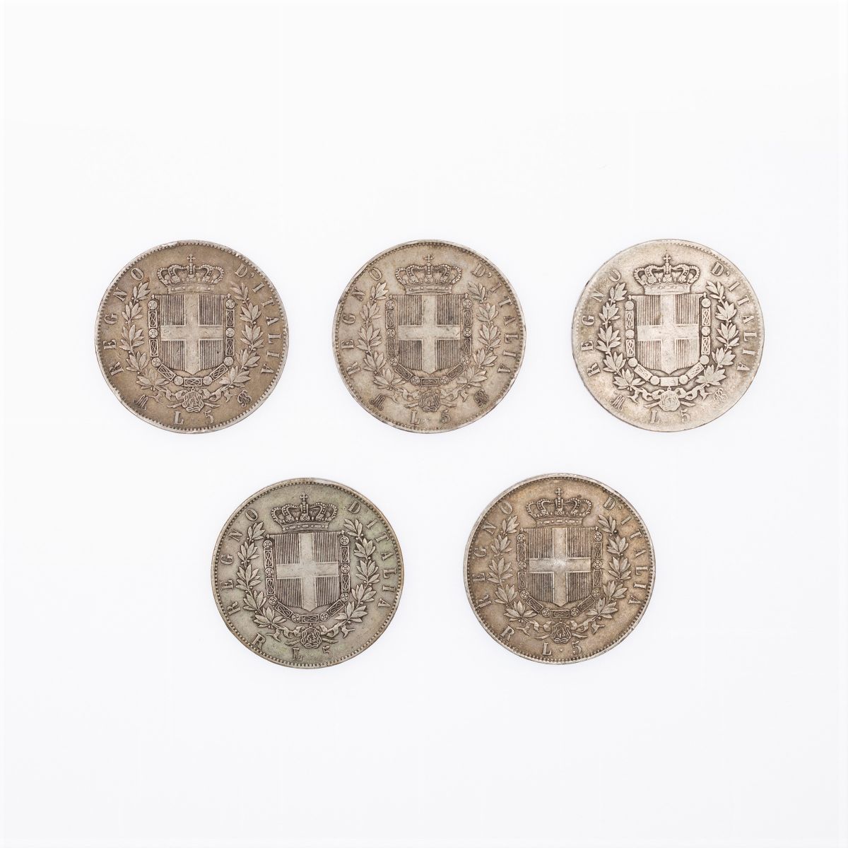 5 Lire Vittorio Emanuele II Regno D'italia 1861-1878 (5 Pezzi)