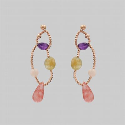 Orecchini Pendenti in Oro Giallo 18kt Ematite Rosa Crisoprasio e Amestista