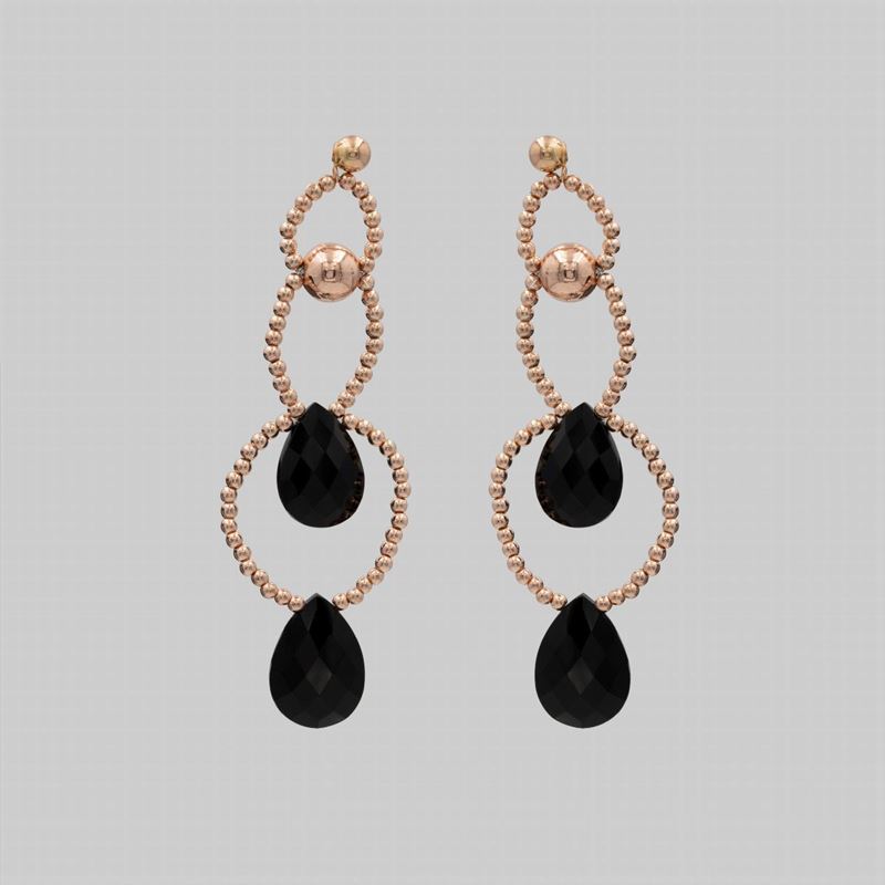Orecchini Pendenti in Oro Giallo 18kt Ematite Rosa e Onice Nero
