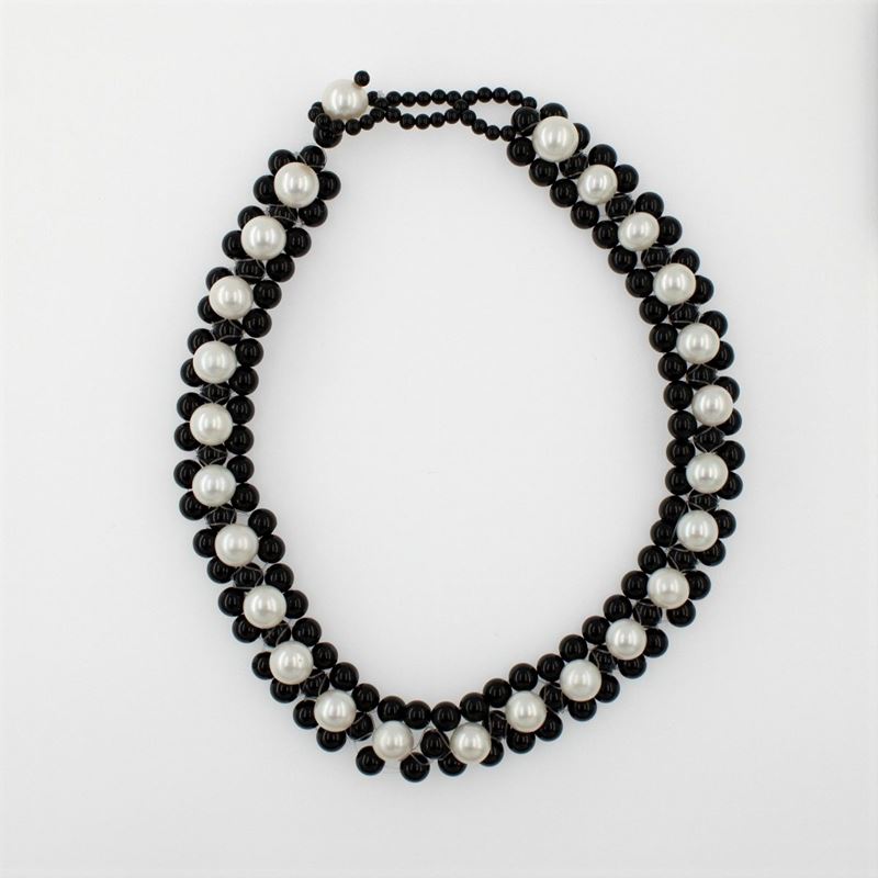 Girocollo in Onice Nero e Perle Coltivate, Lunghezza 38 CM.