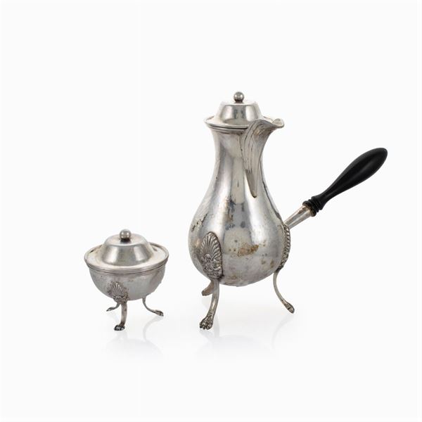 Silver chocolate pot and sugar bowl