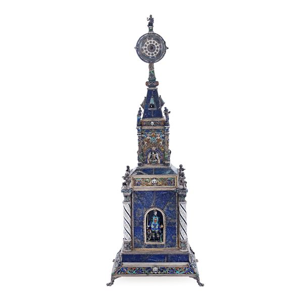 Hermann Böhm,  silver, enamel and lapis lazuli sections table clock  (Vienna, 19th century)  - Auction Fine Silver and the Art of the Table - Colasanti Casa d'Aste