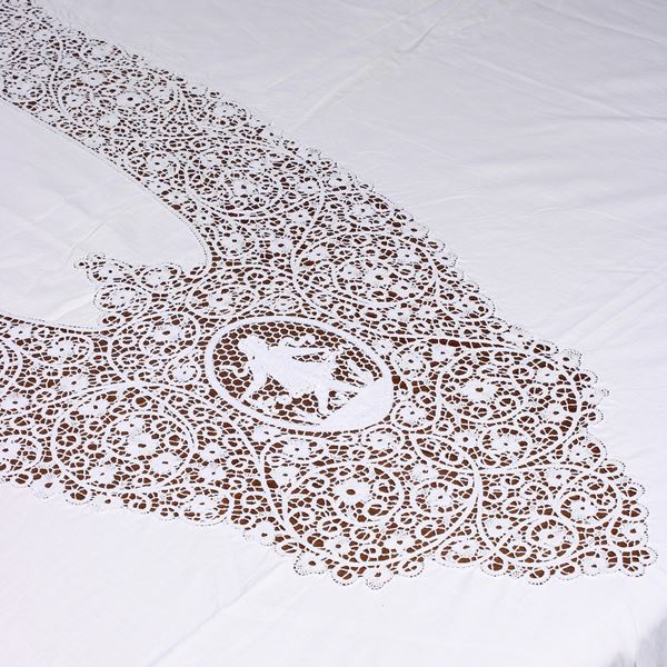 Linen tablecloth with lace inserts