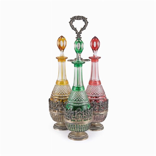 Decanter in argento e cristallo colorato