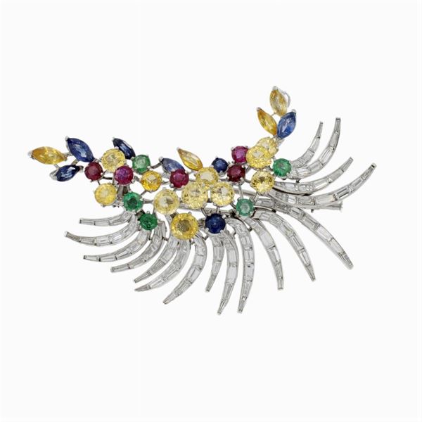 Platinum, sapphires, emeralds, rubies and diamonds brooch