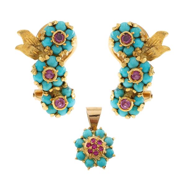 18kt yellow gold with turquoises and rubies parure